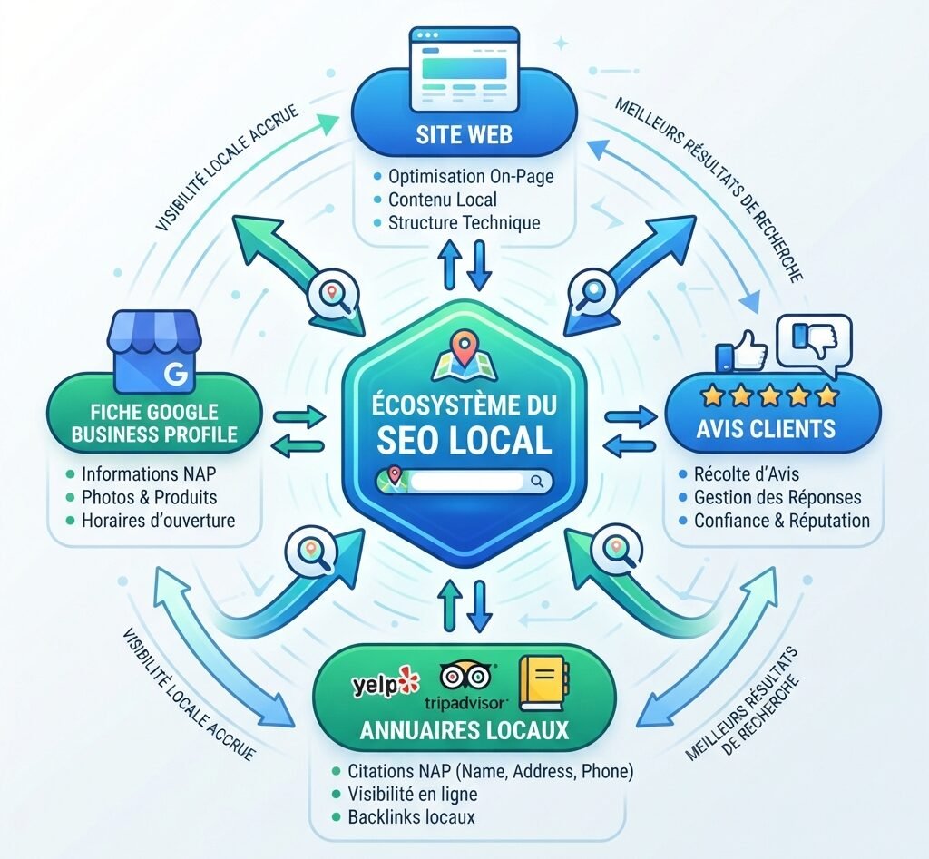 Écosystème du SEO local en 2026 : site web, fiche Google, avis et citations