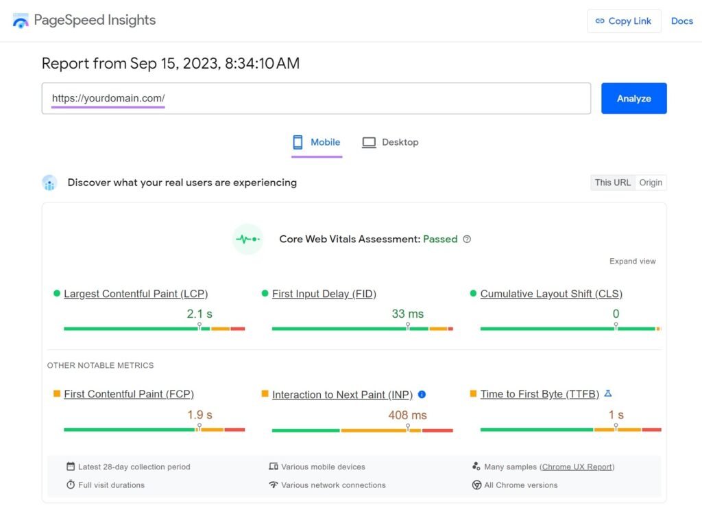 Test de vitesse de chargement d'un site avec Google PageSpeed Insights