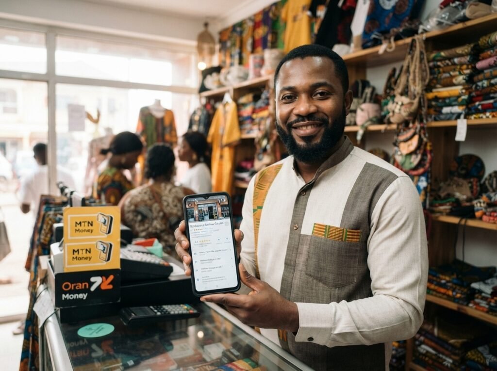 Entrepreneur camerounais consultant sa fiche Google Business Profile sur smartphone à Douala