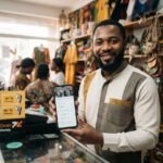 Entrepreneur camerounais consultant sa fiche Google Business Profile sur smartphone à Douala