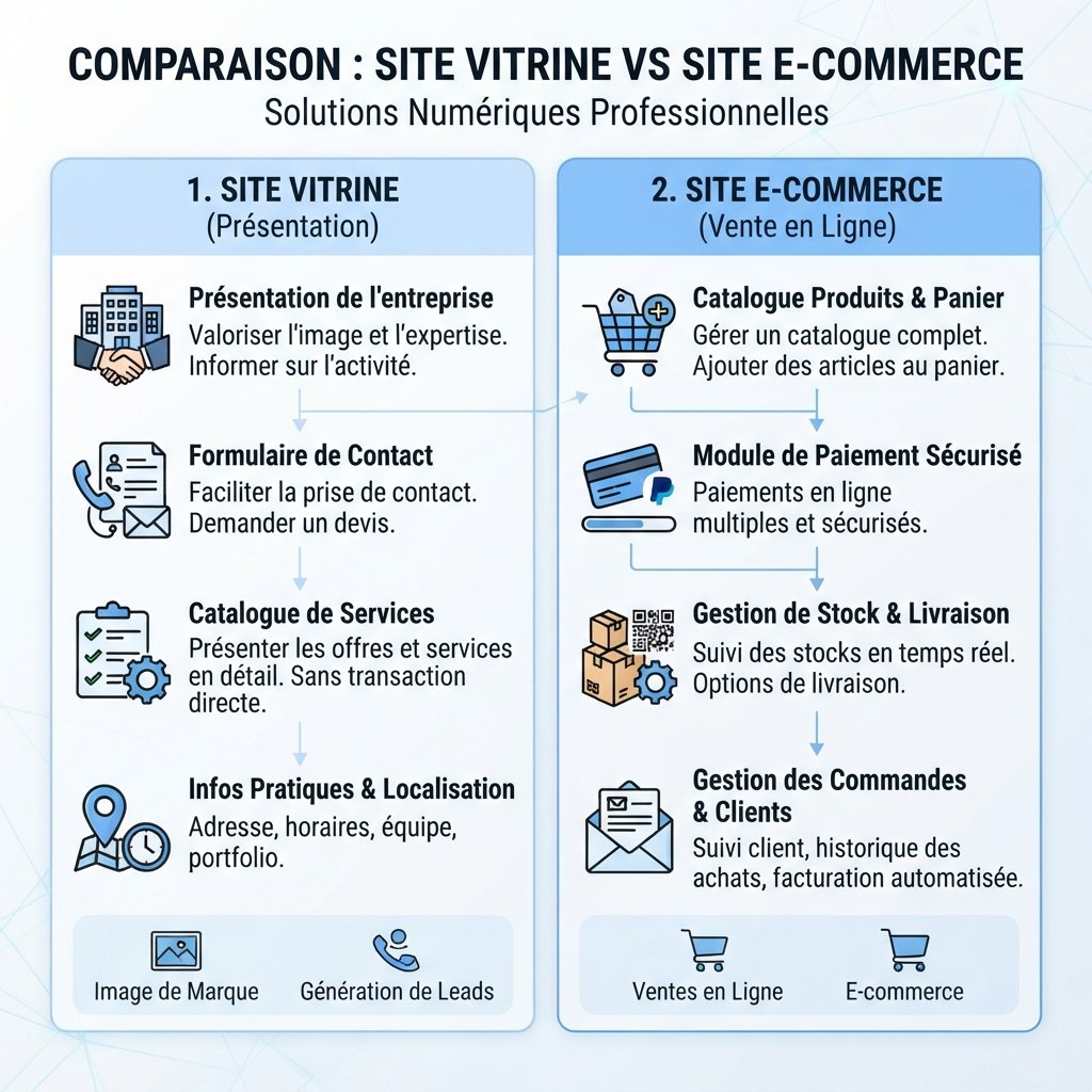 Différence entre site vitrine et site e-commerce : objectifs et fonctionnalités