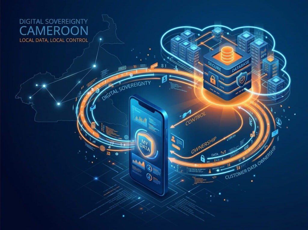 Illustration 3D montrant la connexion sécurisée entre le mobile client et les serveurs de l'hôtel pour une autonomie totale sur les données