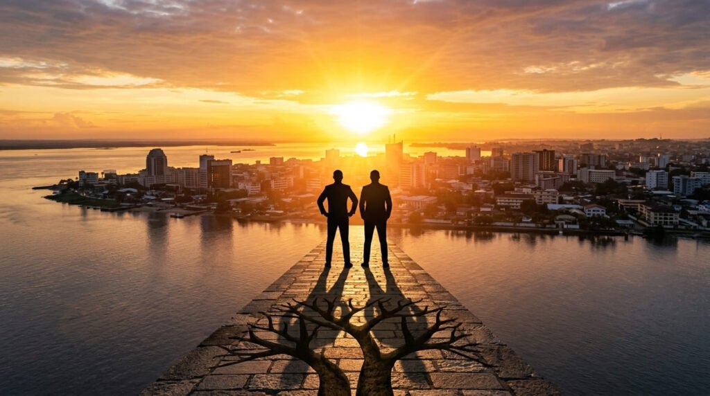 Vision inspirante au lever du soleil sur Douala symbolisant le nouveau départ stratégique offert par un site de réservation performant