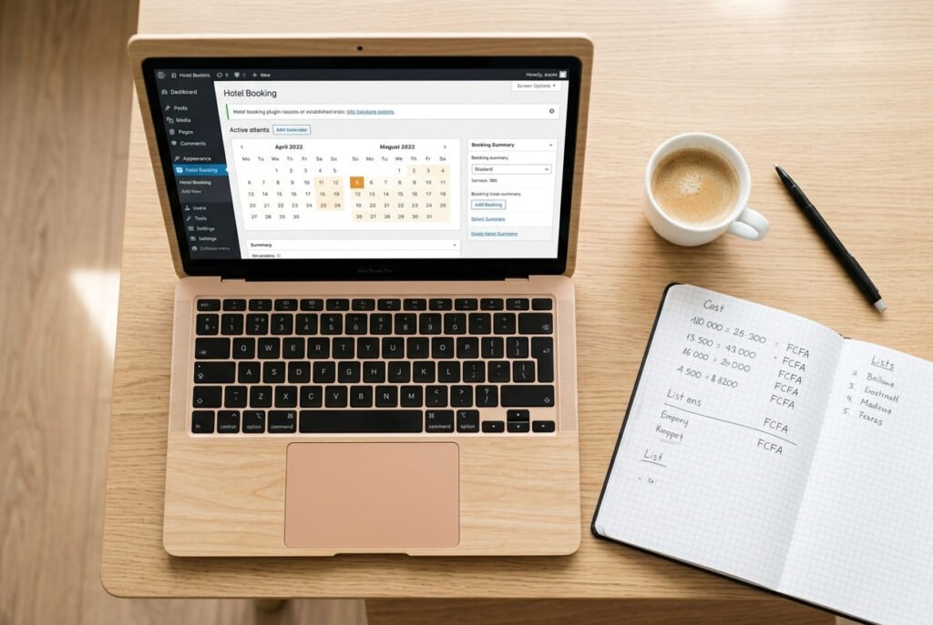 Espace de travail numérique affichant un tableau de bord WordPress et des calculs budgétaires pour la création d'un site hôtelier au Cameroun