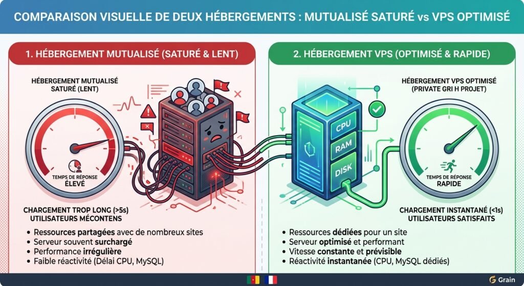 Hébergement WordPress rapide au Cameroun : comparatif VPS et mutualisé