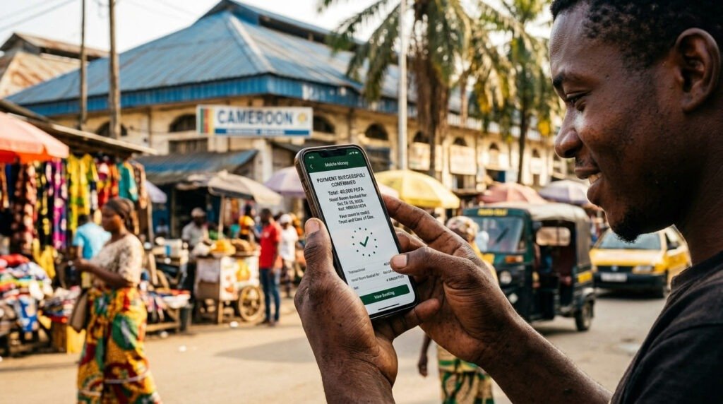 Utilisateur validant une réservation d'hôtel via Mobile Money sur son smartphone dans un environnement urbain camerounais