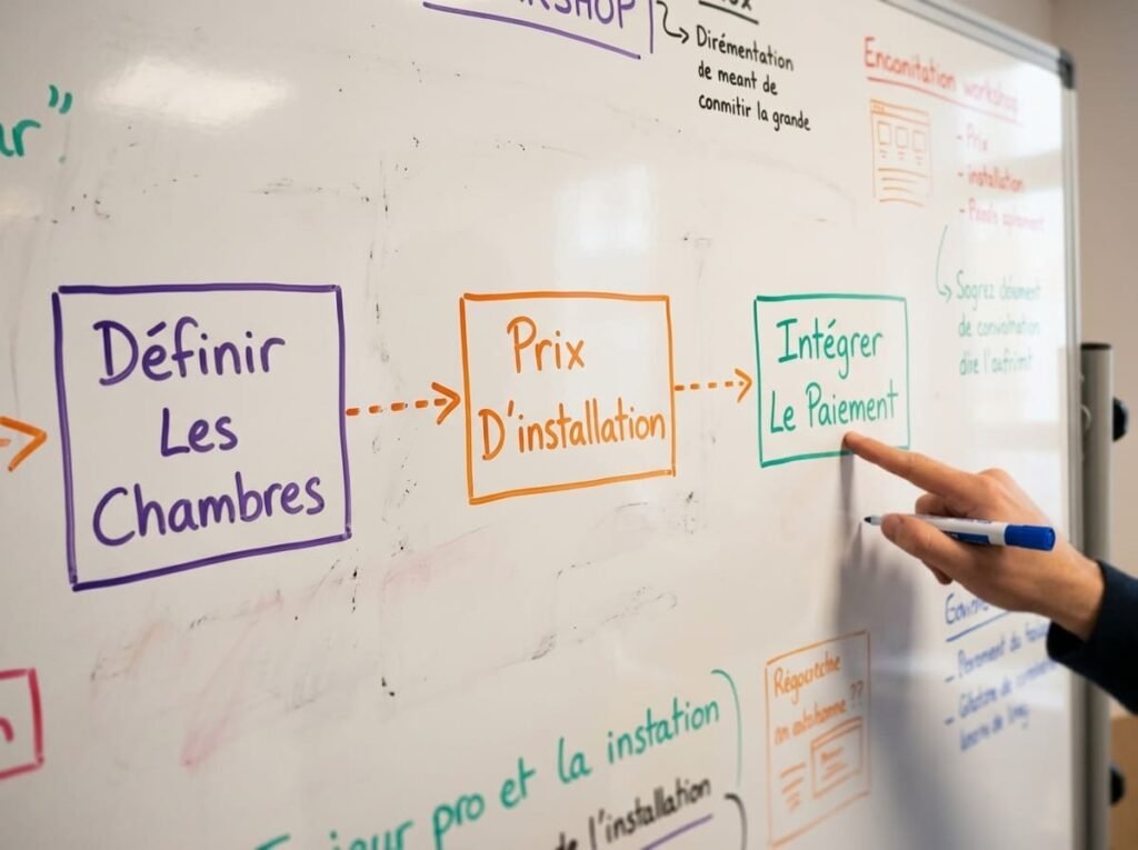 Schéma directeur dessiné sur tableau blanc détaillant les étapes clés de la configuration d'un moteur de réservation hôtelier