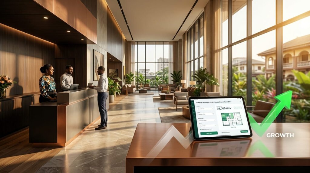 Vue moderne d'un hall d'hôtel au Cameroun avec tablette de réservation digitale illustrant le passage aux réservations directes