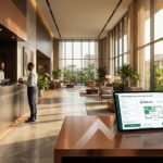 Vue moderne d'un hall d'hôtel au Cameroun avec tablette de réservation digitale illustrant le passage aux réservations directes